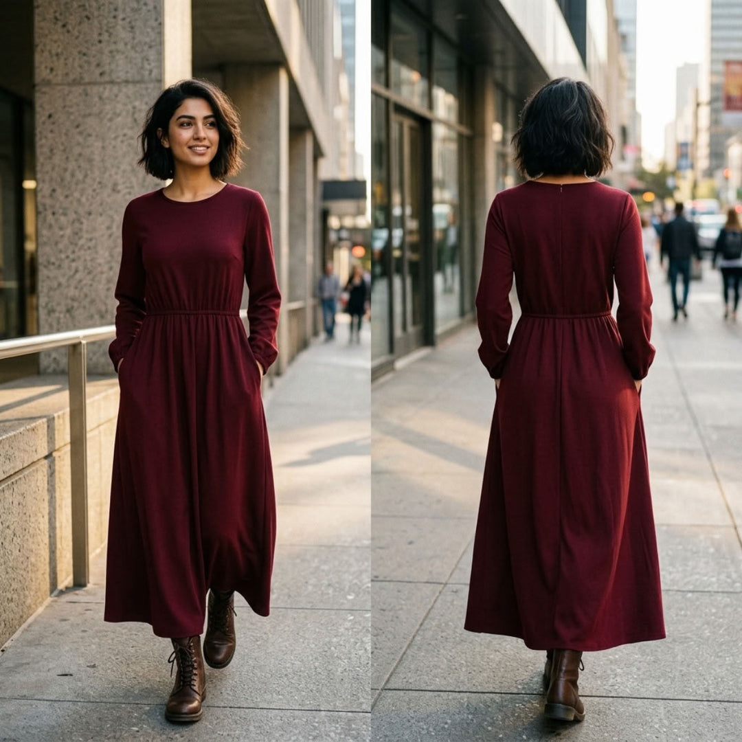 Nawal Modest Stretchy Midi Dress with Pockets- Ruby