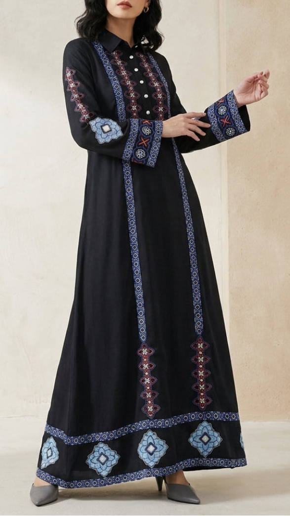 Nimra Geo Embroidered Modest Long Maxi Dress - Black/Blue