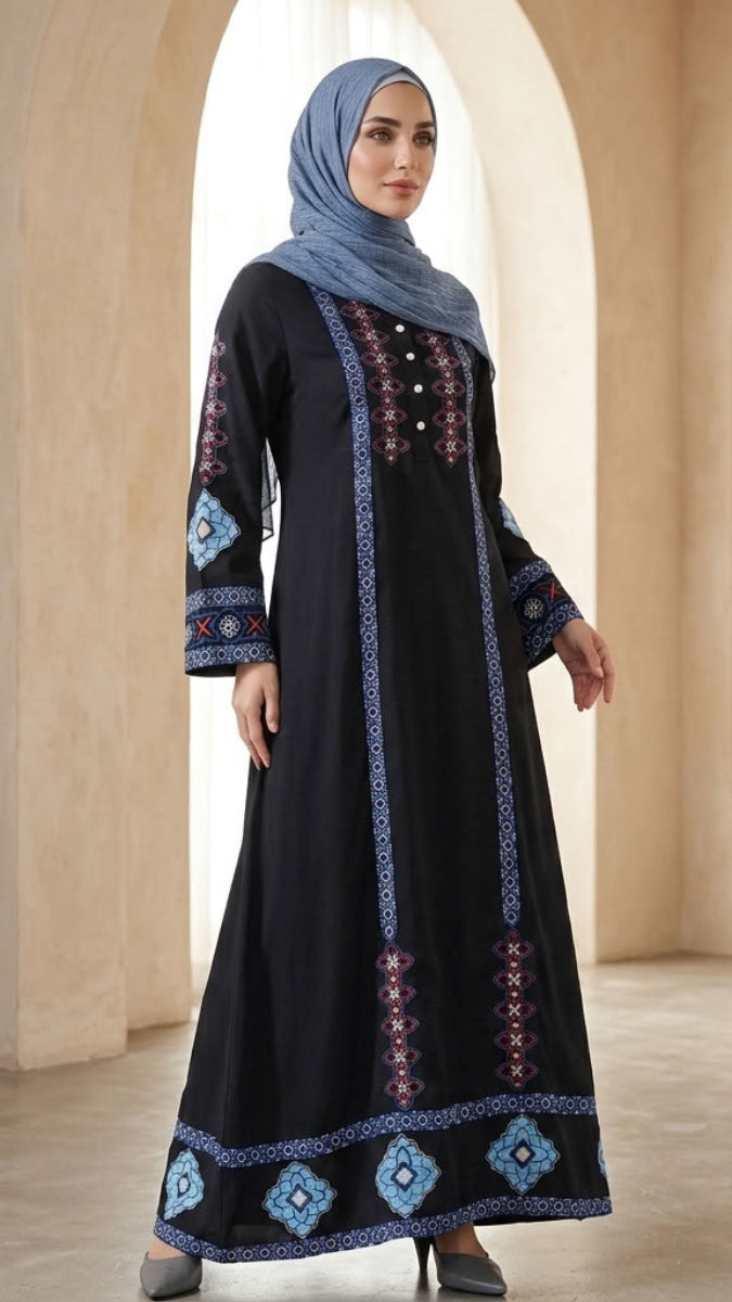 Robe longue longue modeste en mousseline de soie smockée Nadia - Noir