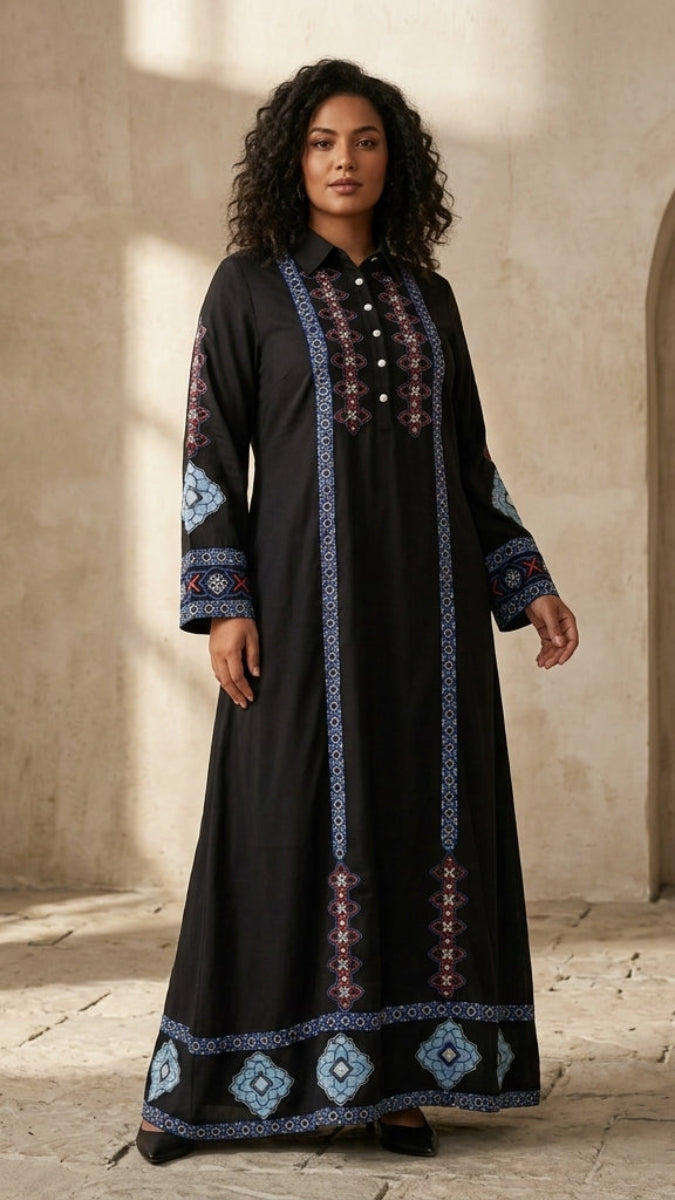 Robe longue longue modeste en mousseline de soie smockée Nadia - Noir