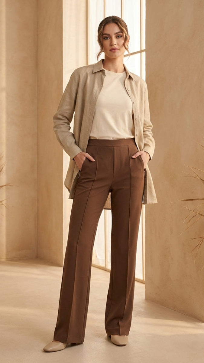 Woman in a beige jacket and brown pants standing in a sunlit room with plants.