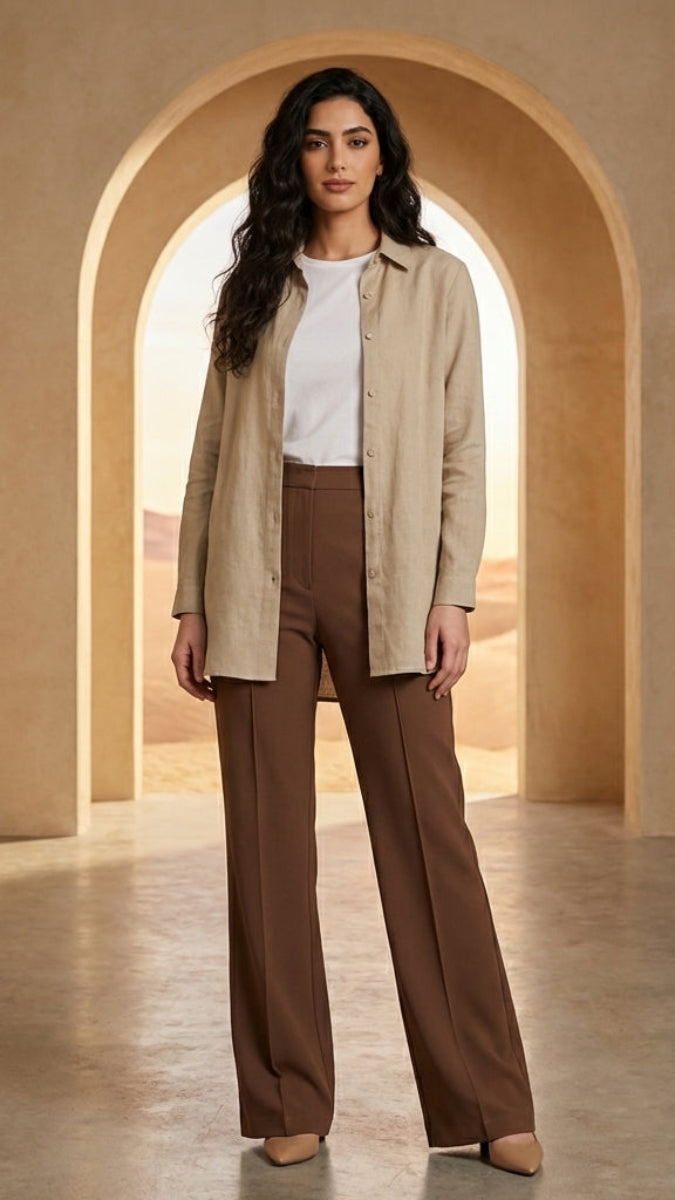 Woman in beige jacket and brown pants standing in a sunlit archway with desert view.