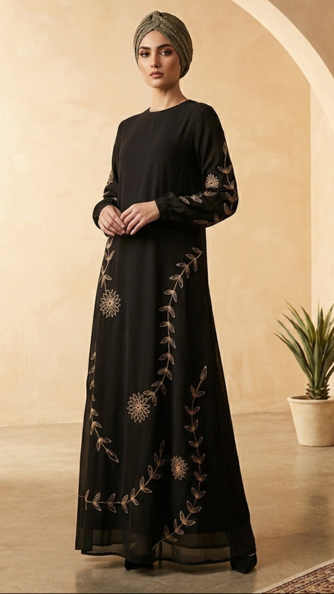 Noor-e-Samaa Gold Embellished Modest Long Maxi Dress