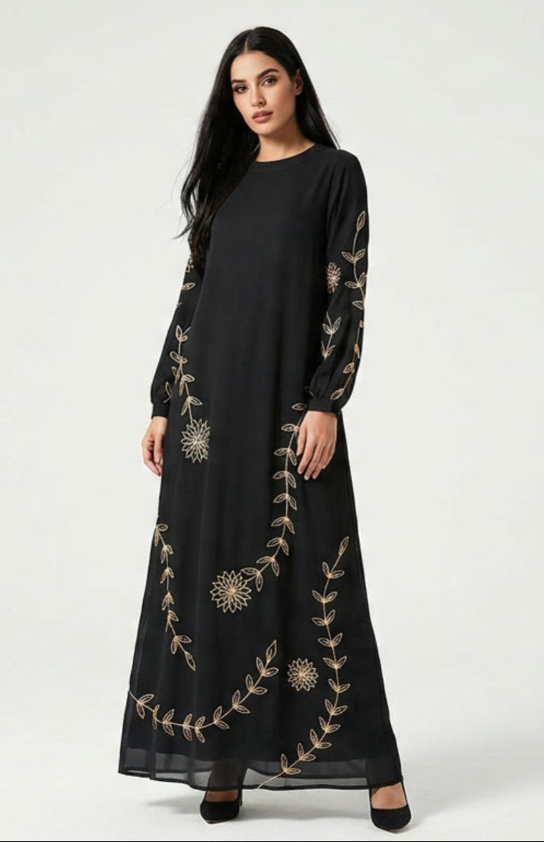 Noor Black and Gold Embroidered Formal Modest Long Maxi Dress | Modest Muslim Dresses