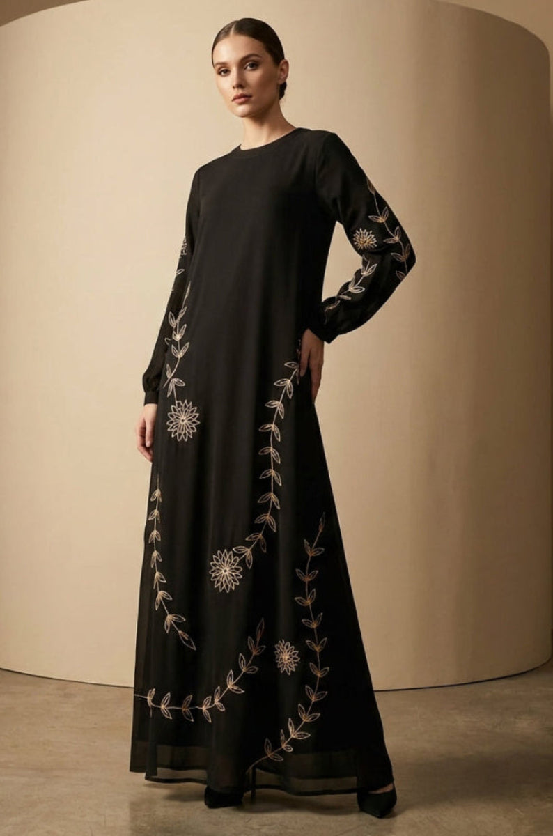 Noor Black and Gold Embroidered Formal Modest Long Maxi Dress | Modest Muslim Dresses