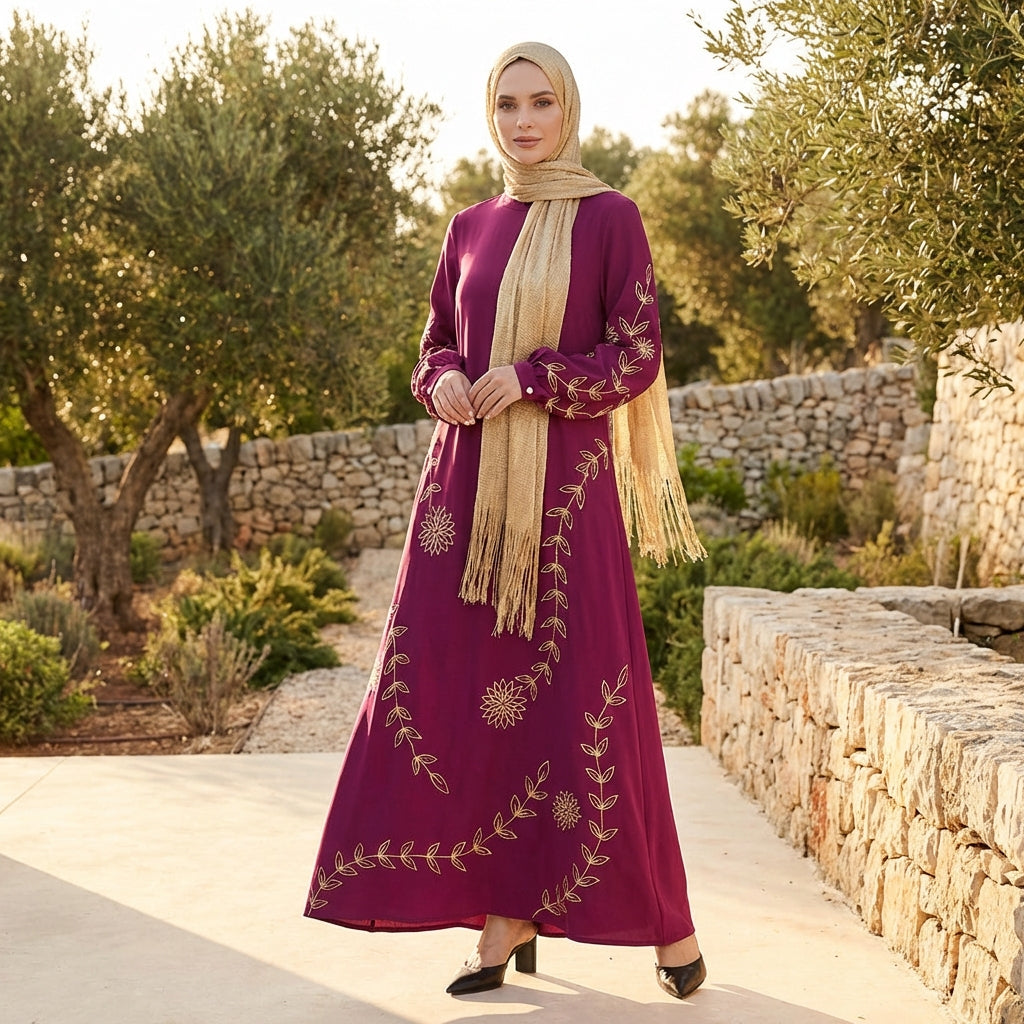 Noor-e-Samaa Gold Embellished Modest Long Maxi Dress - Orchid