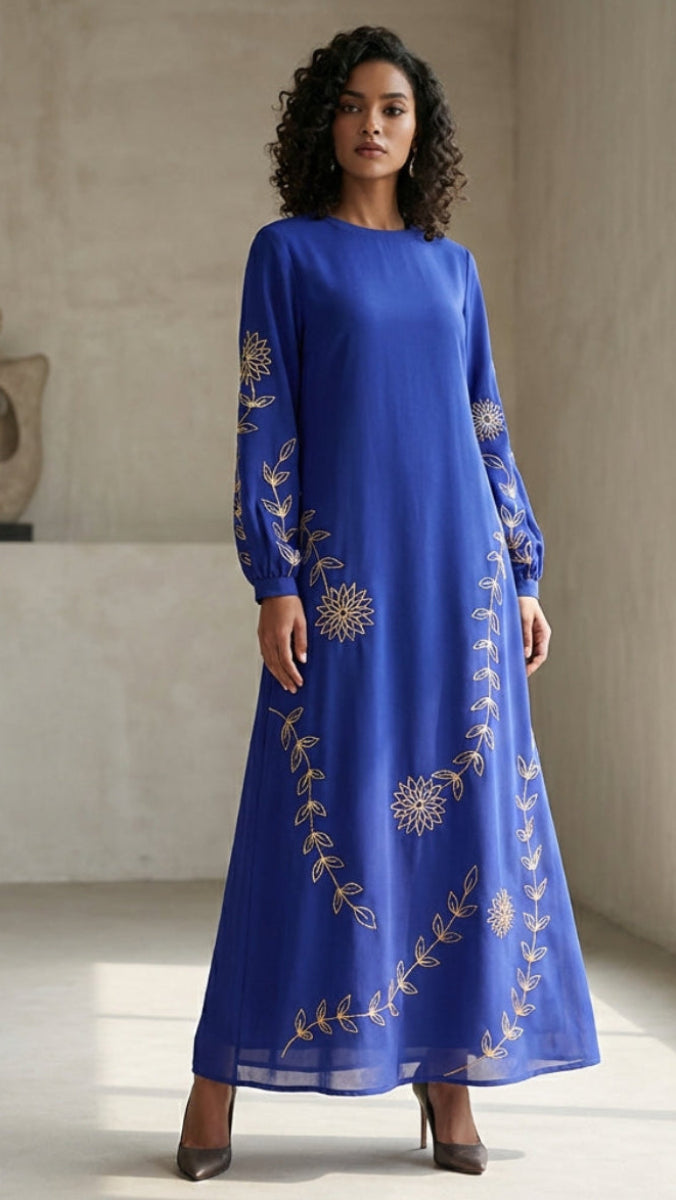 Noor Blue and Gold Embroidered Formal Modest Long Maxi Dress | Modest Muslim Dresses
