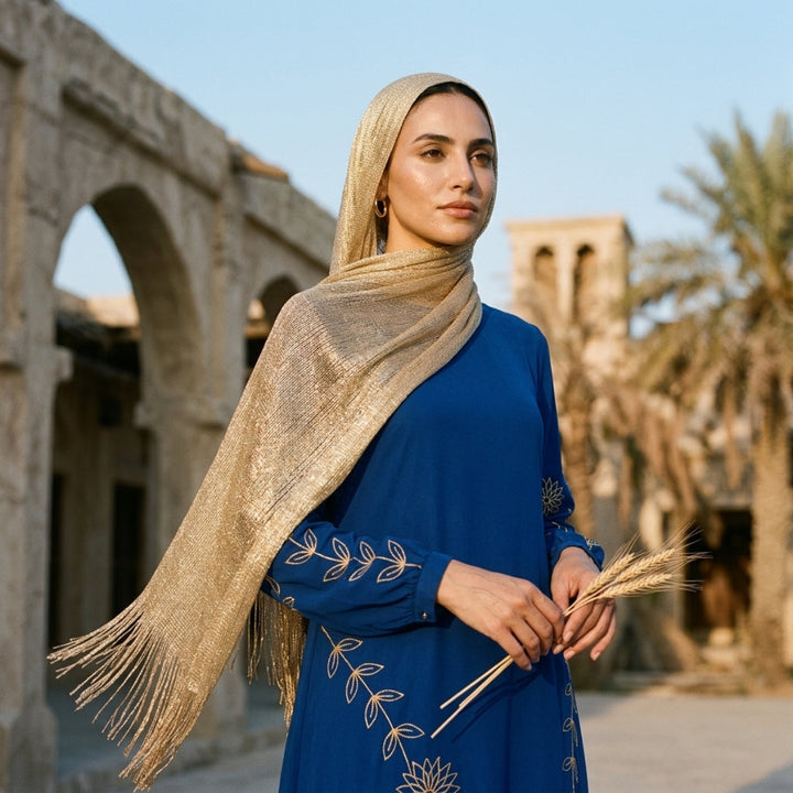 Woman in a blue dress with gold embroidery holding wheat stalks, standing in front of architectural ruins.