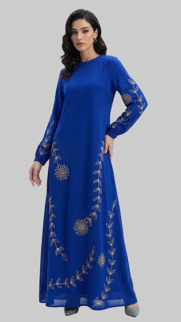 Noor Blue and Gold Embroidered Formal Modest Long Maxi Dress | Modest Muslim Dresses | Artizara ARTIZARA.COM Noor Blue and Gold Embroidered Formal Modest Long Maxi Dress | Modest Muslim Dresses | Artizara ARTIZARA.COM