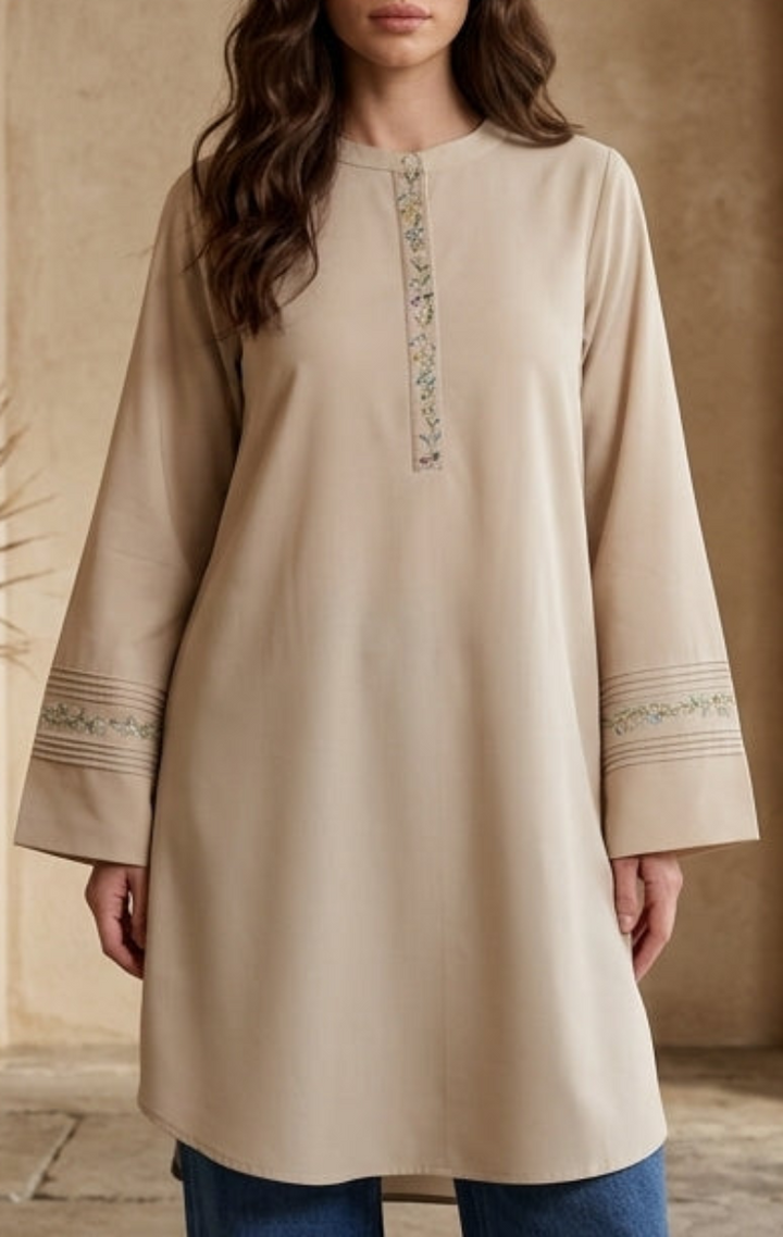 Nura Embroidered Modest Cotton Feel Midi Tunic - Almond - PREORDER (ships in 2 weeks)