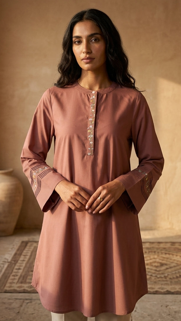 Woman wearing a pink kurta in a warm-toned room with a vase and rug.