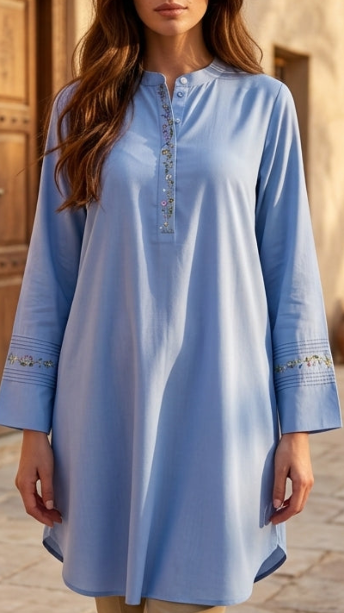 Woman wearing a light blue dress with intricate detailing in an outdoor setting