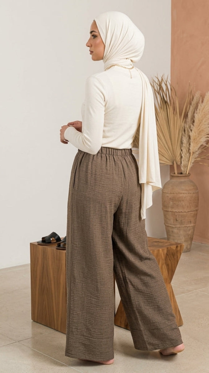 Nusri Loose Linen Look Wide Leg Pants - Coffee