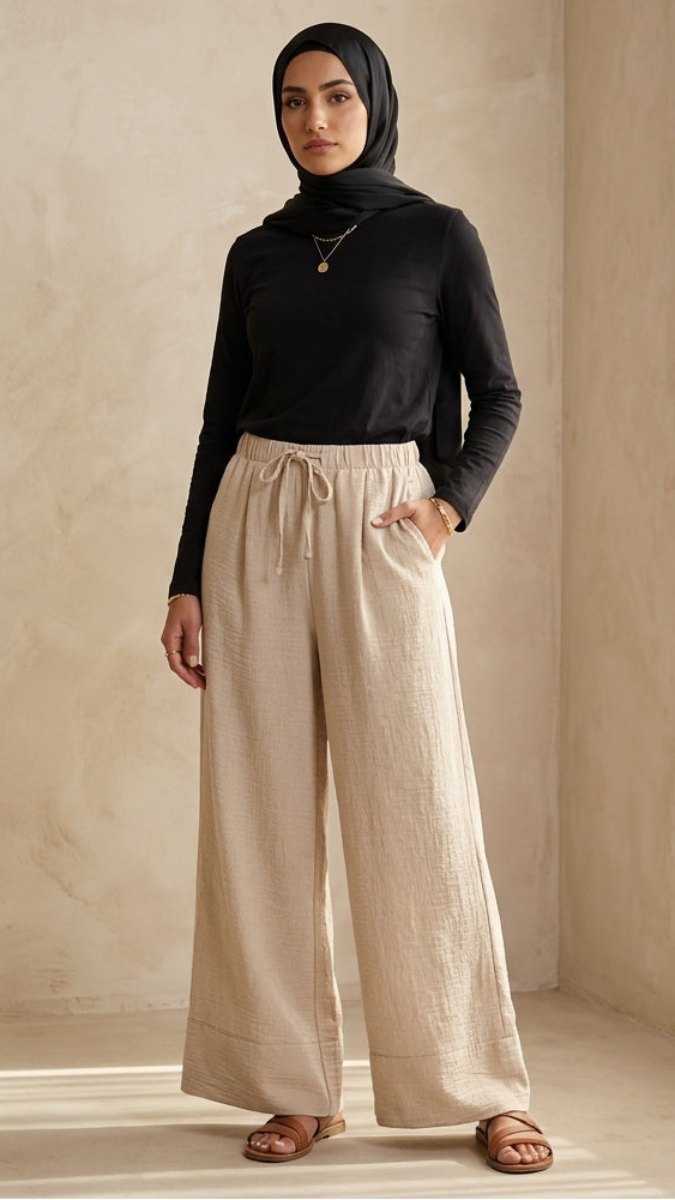 Woman wearing a black top and beige pants standing in a softly lit room.