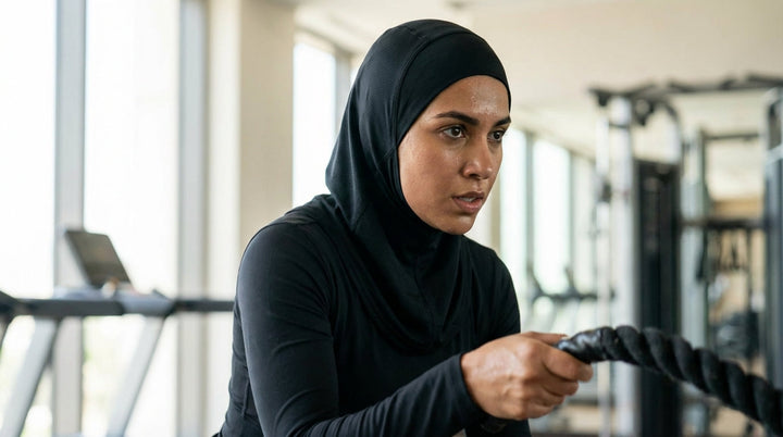 Woman wearing a black hijab and athletic wear exercising in a gym.