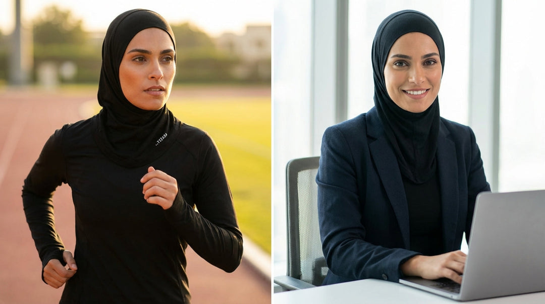 Woman in hijab running on a track and working at a desk.