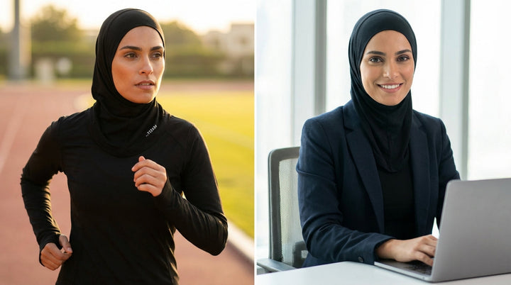 Woman in hijab running on a track and working at a desk.