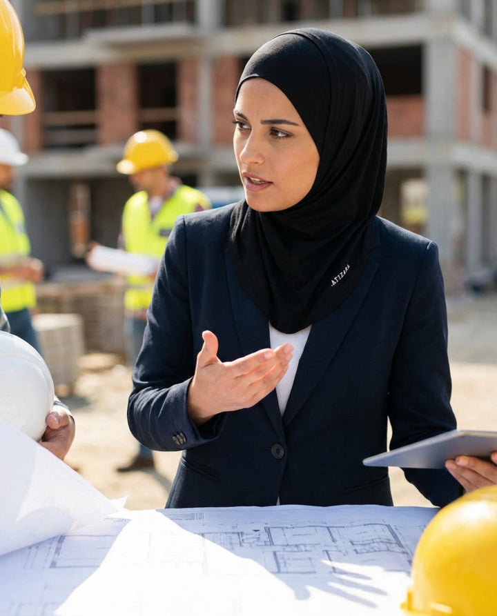 Woman in a hijab discussing plans with colleagues at a construction site
