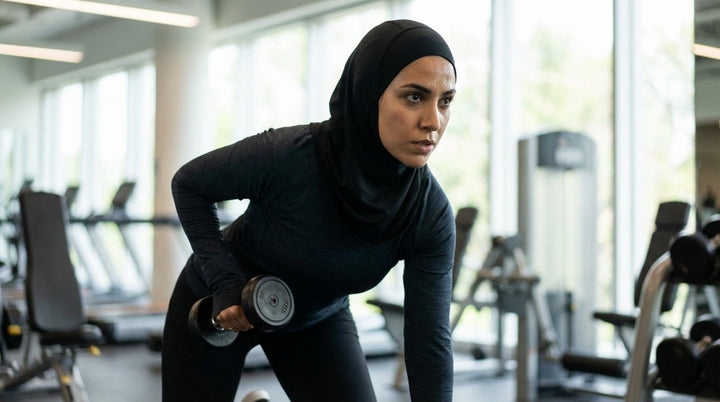 Woman exercising with a dumbbell in a gym setting