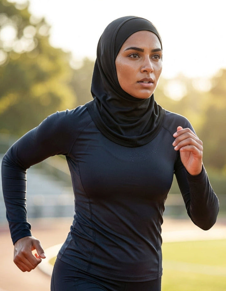 Woman running on a track wearing a black hijab and athletic outfit.