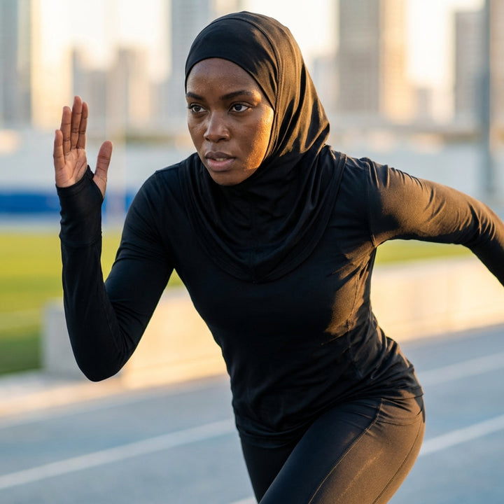 Woman in black athletic wear and hijab running on a track.