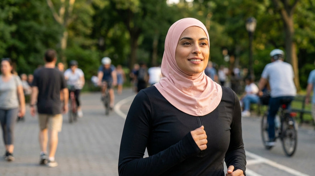 Woman running in a park with people and bicycles in the background