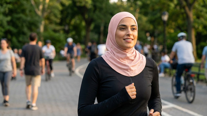 Woman running in a park with people and bicycles in the background