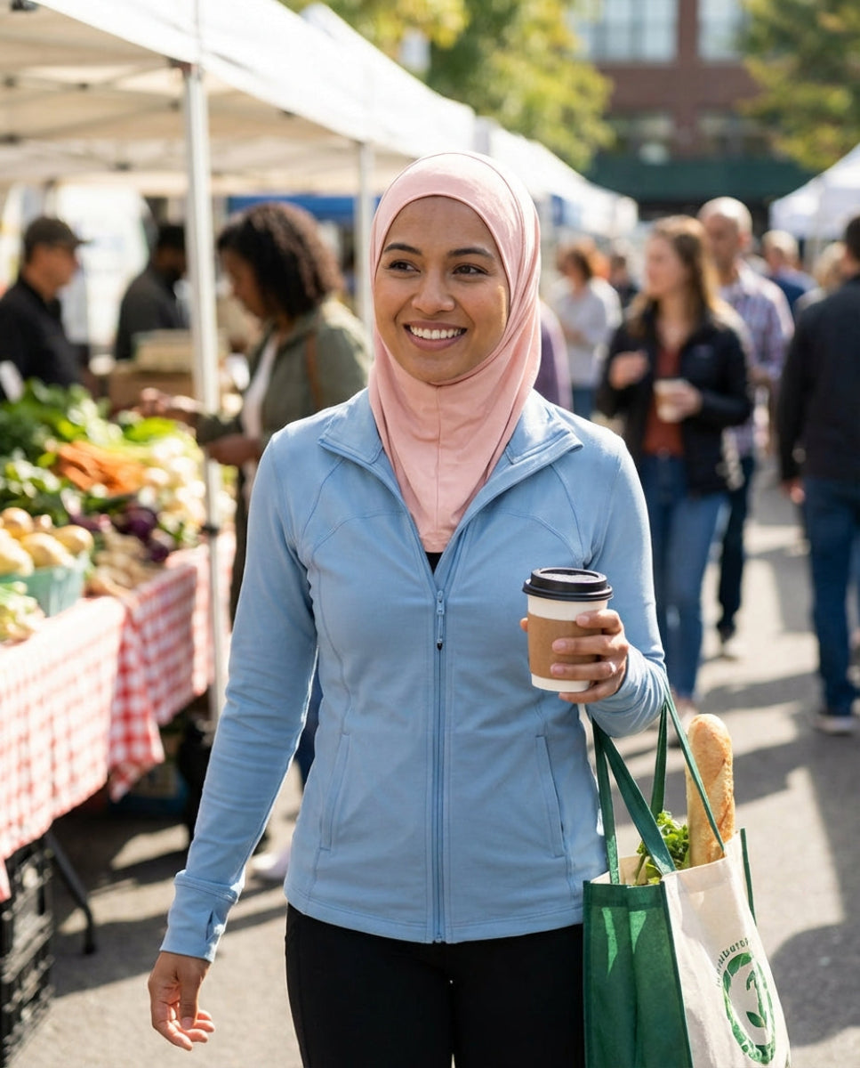 Woman holding a coffee cup and shopping bags at an outdoor market.