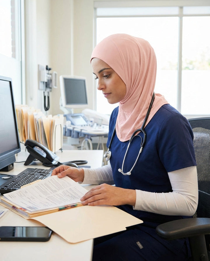 Nurse working at a desk with medical records and computer in a hospital setting