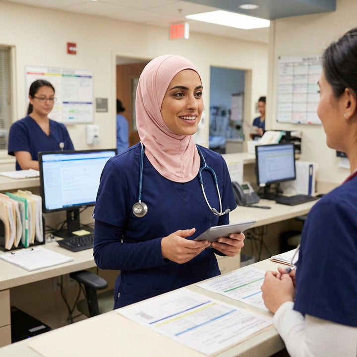 Nurse in a hospital setting holding a tablet and interacting with another person.