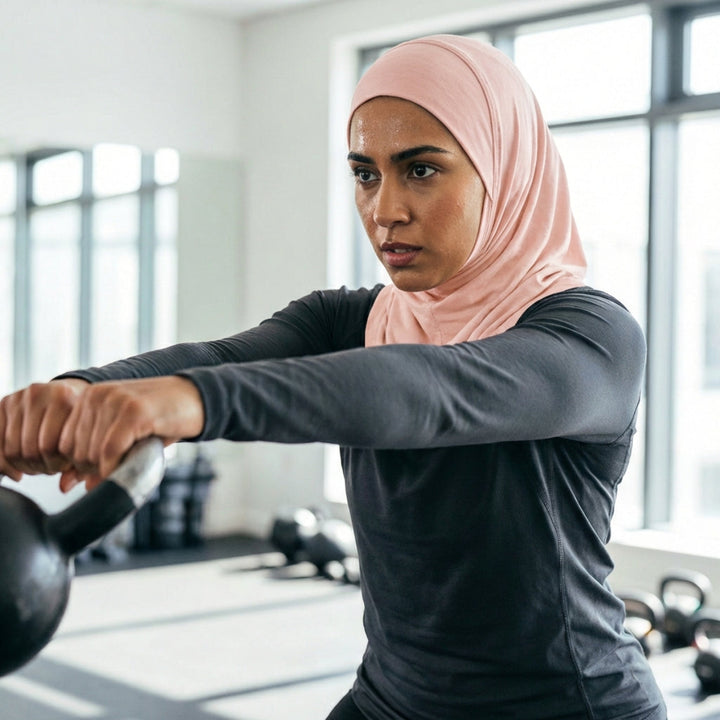 Woman exercising with a kettlebell in a gym setting