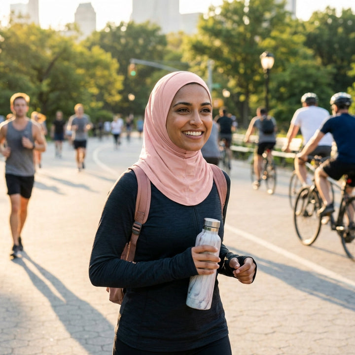 Woman in a hijab holding a water bottle in a park with people exercising in the background