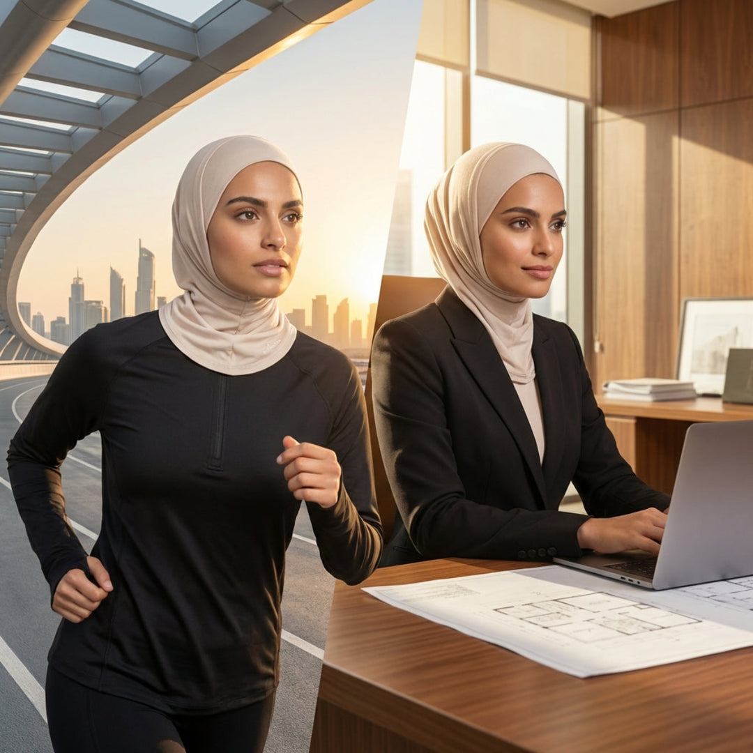 Two women in hijab, one running and the other working at a desk with a cityscape background.
