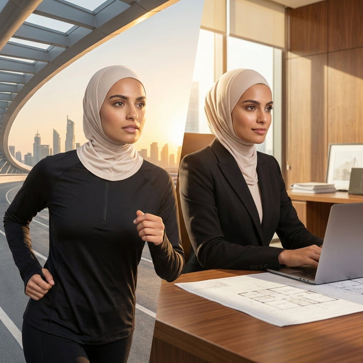 Two women in hijab, one running and the other working at a desk with a cityscape background.