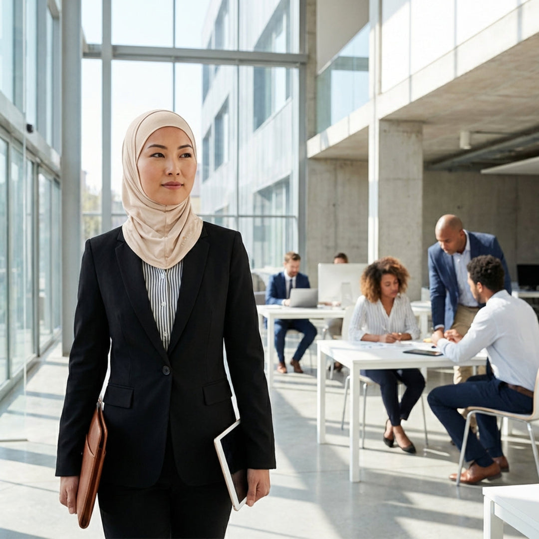 Woman in a hijab walking in a modern office with colleagues working in the background