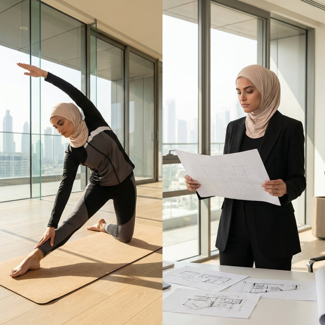 Woman stretching on a mat in a modern office and then working at a desk with blueprints.