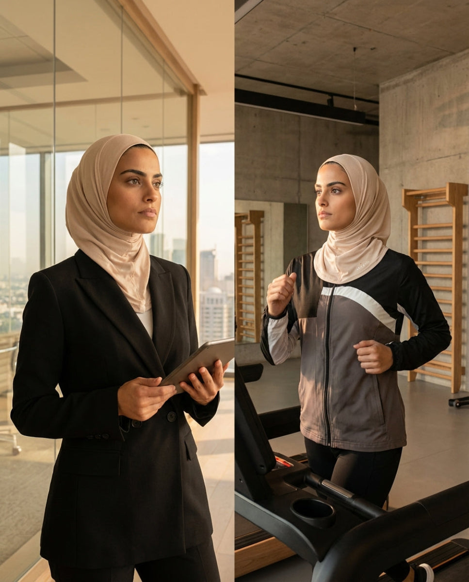 Woman in a professional setting holding a tablet, then in a gym using a treadmill.