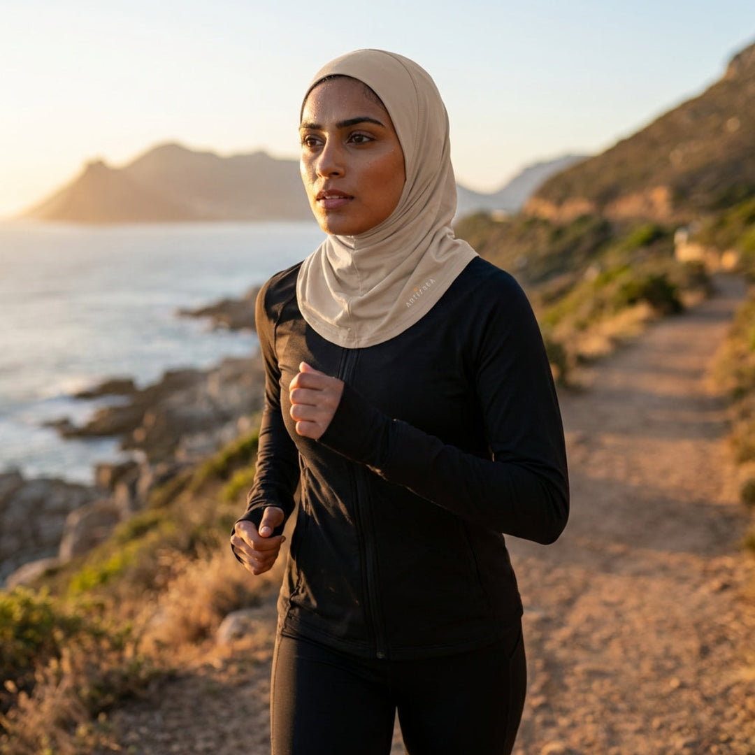 Woman running on a trail by the ocean with mountains in the background