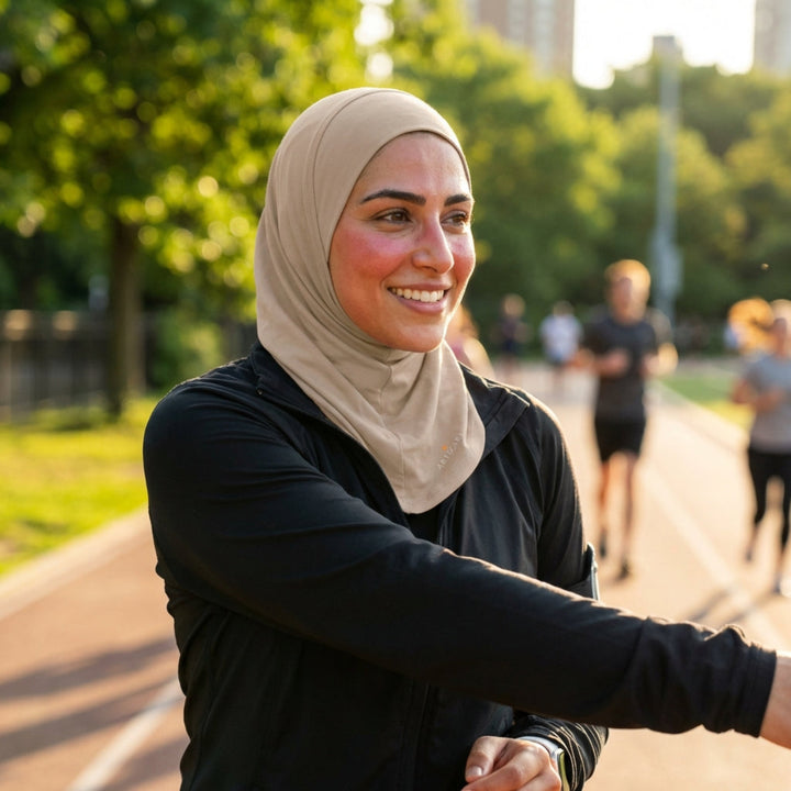 Woman in hijab stretching outdoors on a path with trees and people in the background