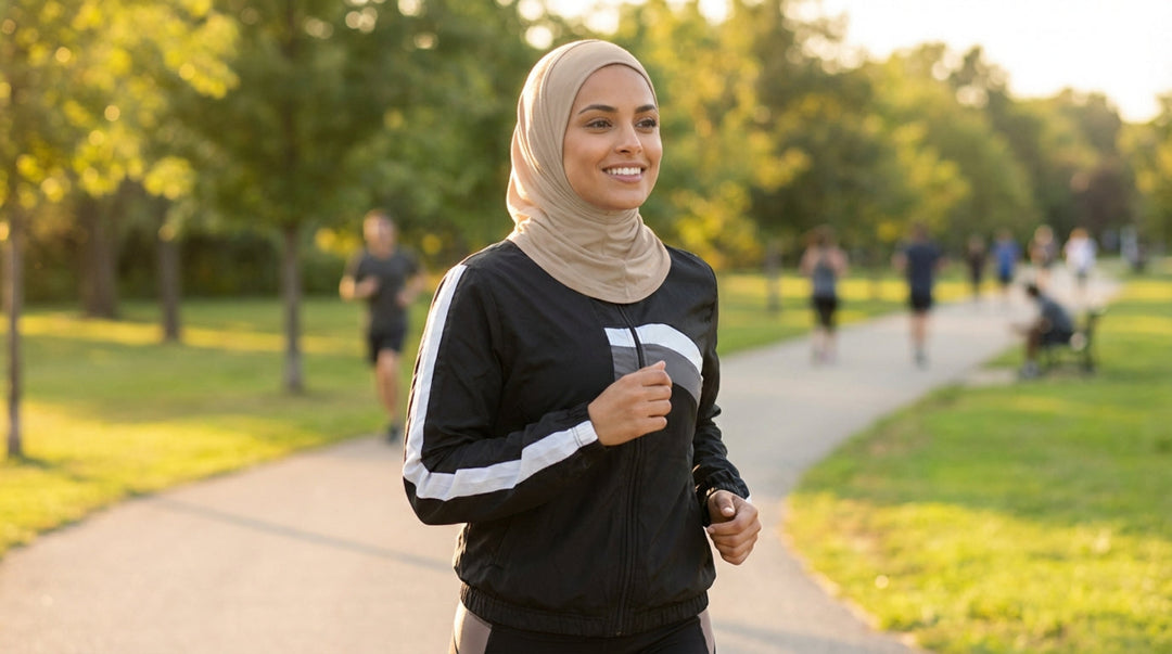 Woman jogging in a park with trees and people in the background