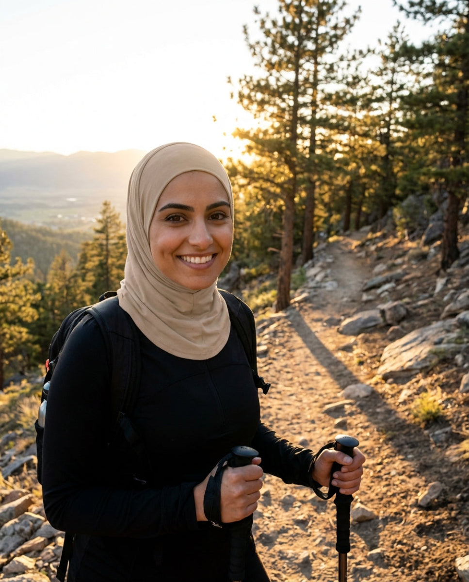 Woman hiking on a trail with trees and mountains in the background