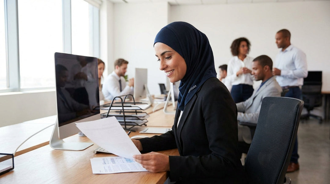 Woman in hijab working at a desk in an office with colleagues in the background