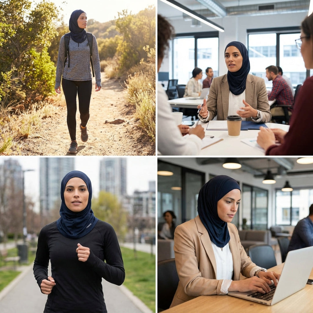 Collage of a woman in hijab in various settings including outdoors and office.
