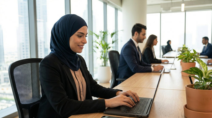 Woman wearing a hijab using a laptop at a desk in an office setting.
