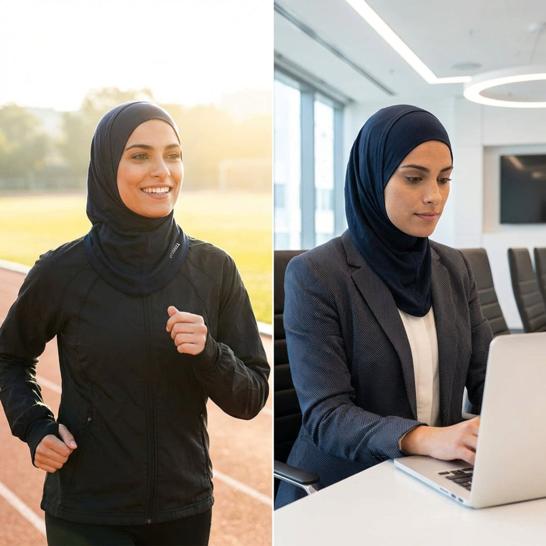 Woman running outdoors and working on a laptop indoors.
