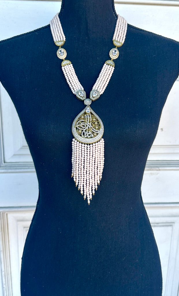 Long Turkish Tughra Tassel Necklace - Blush Pink