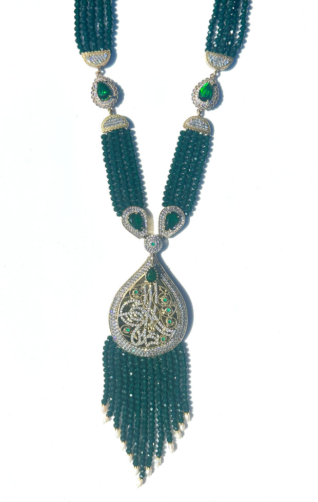 Long Turkish Tughra Tassel Necklace - Emerald Green