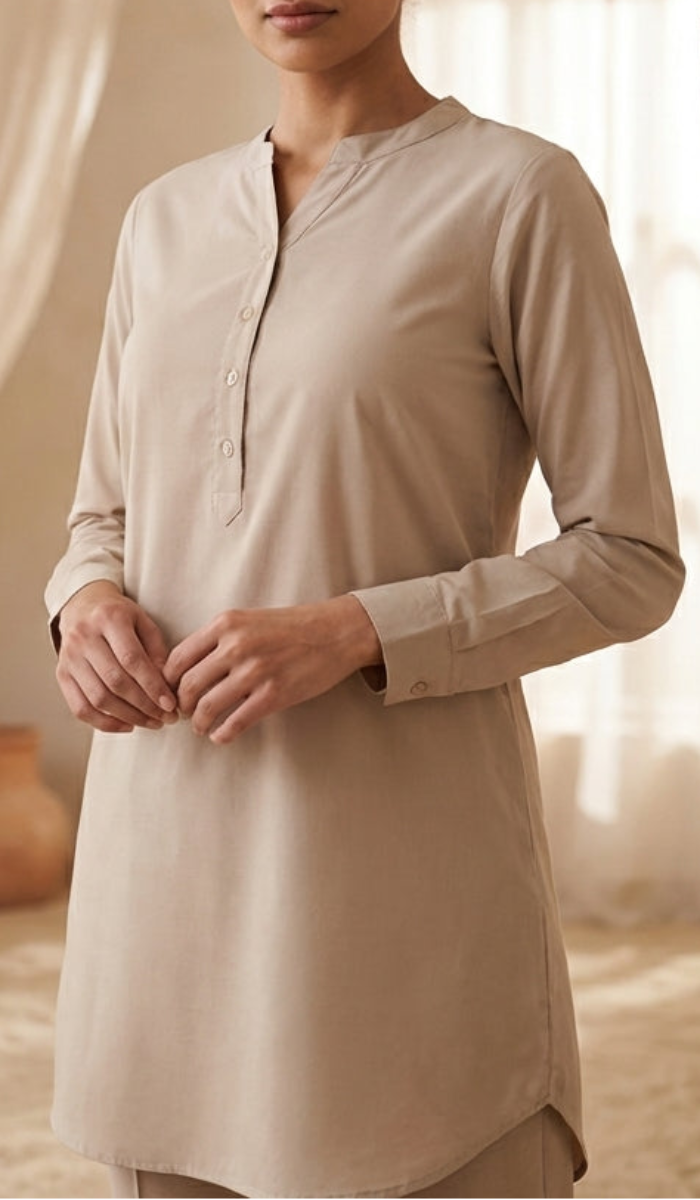 Woman wearing a beige kurta standing in a softly lit room with curtains and vases.