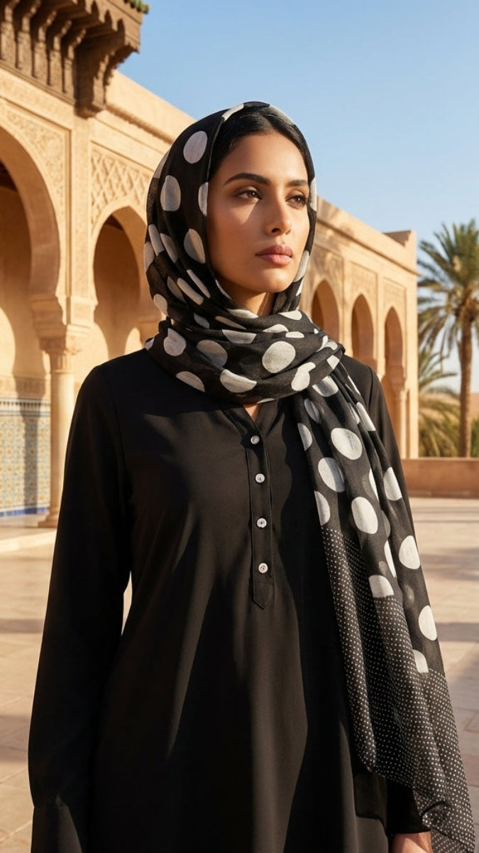 Woman wearing a black and white polka dot hijab in a desert setting with palm trees and architectural structures.