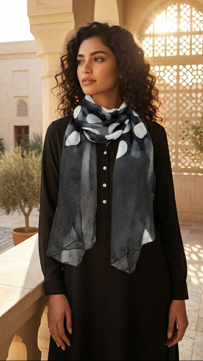 Woman wearing a black dress and patterned scarf in a courtyard with architectural elements.